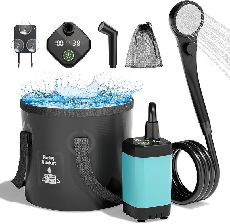 MORIKO Portable Camping Shower, 6000mAh Rechargeable Shower Pump, Filtered Shower Head & 5 Gallons Foldable Bucket, Outdoor Shower for Hiking Beach, Travel, Pet Bath, Car Washing, Surf & Boat Cleaning - Image 1
